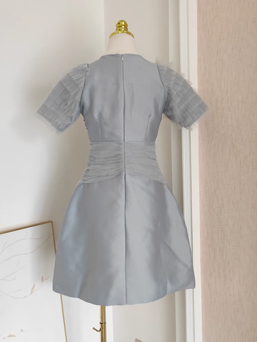 A Line Scoop Neckline Silver Gray Satin Dinner Party Dresses Birthday Outfits SD399